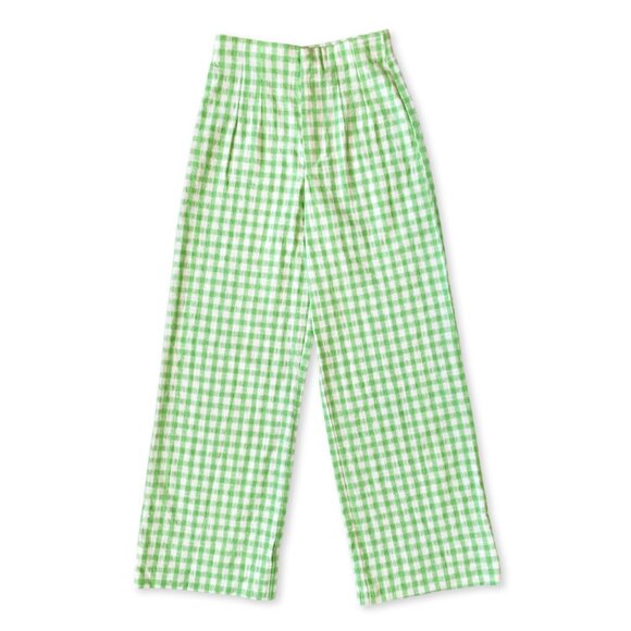 Zara Gingham Checkerboard Wide Leg Trouser Dress Pants Green White Dopamine Boho - Picture 8 of 16